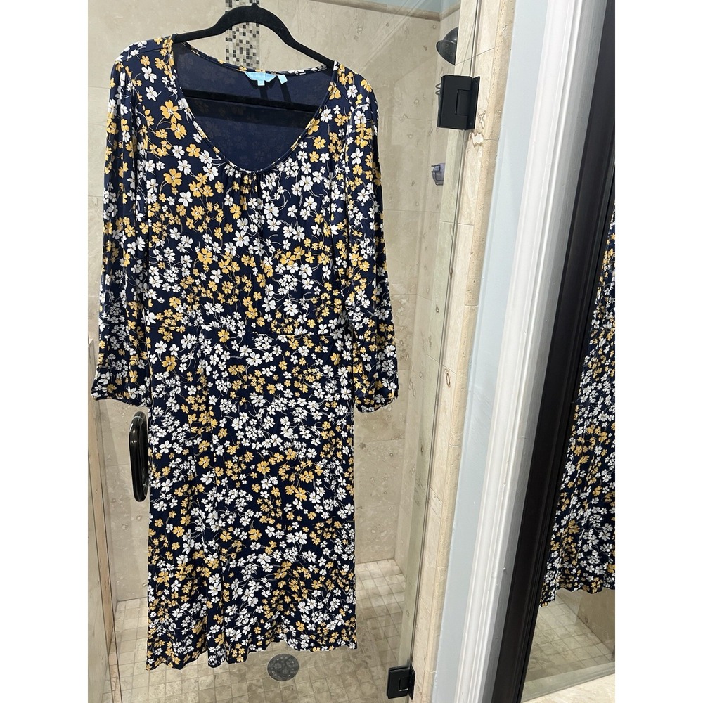 Draper James Blue Floral Stretch Knit Midi Dress XL Long Sleeve A-Line Modest